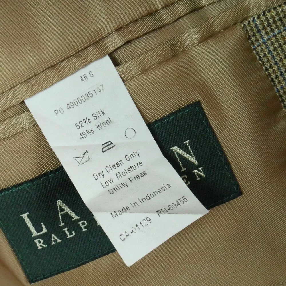 Lauren Ralph Lauren 46S Jacket Silk Wool Blend Tan Glen Plaid Sport Coat Blazer